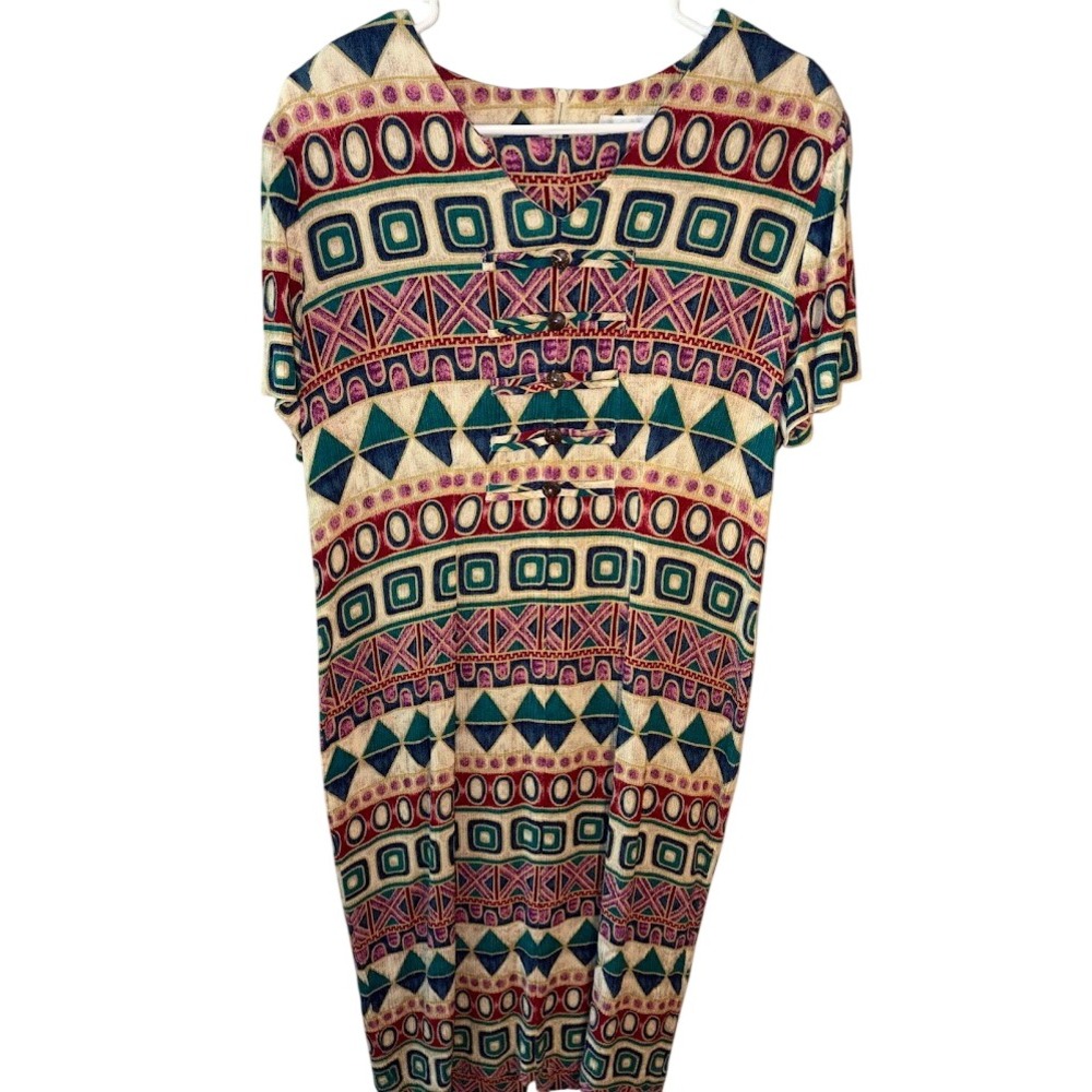 Vintage Geometric Tribal Print V-Neck‎ Shift Dress Short Sleeve Multi-Color Sz14
